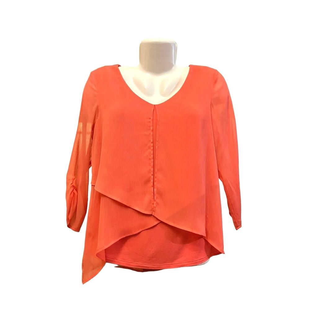 I.N. Studio Petite Women's Coral Asymmetrical Layered Look 3/4 Slv Blouse SZ PS